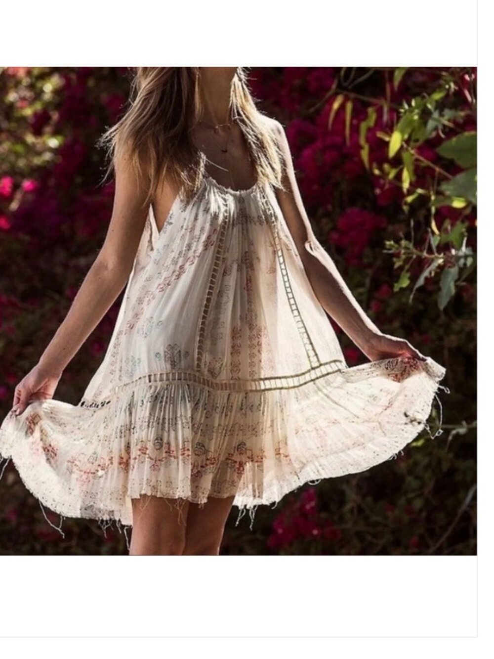 Free People FP One White Boho Print Ruffle Mini Slip Dress